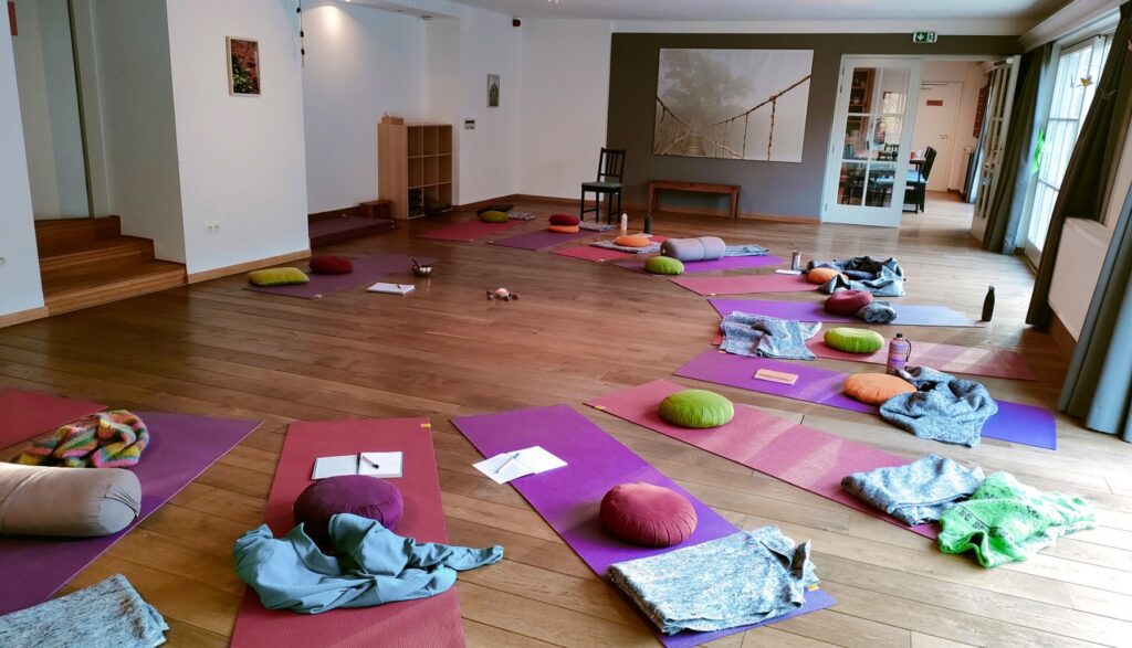 garnde salle de pratique avec tapis de yoga